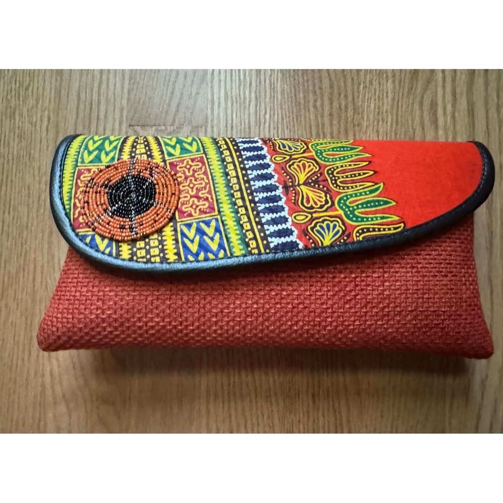 Vintage‎ African Sisal Clutch Bag Woven Tribal Dashiki Print Beaded Boho Purse